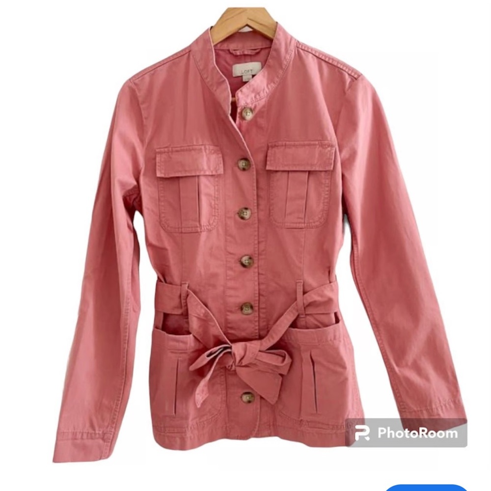 Pink button down, tie waist utility jacket from Loft